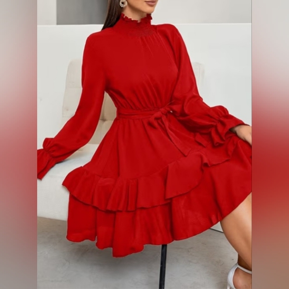 Chic HIGH COLLAR LONG SLEEVE A LINE RUFFLE HEMLINE DRESS SIZE L NWOT - Picture 11 of 11